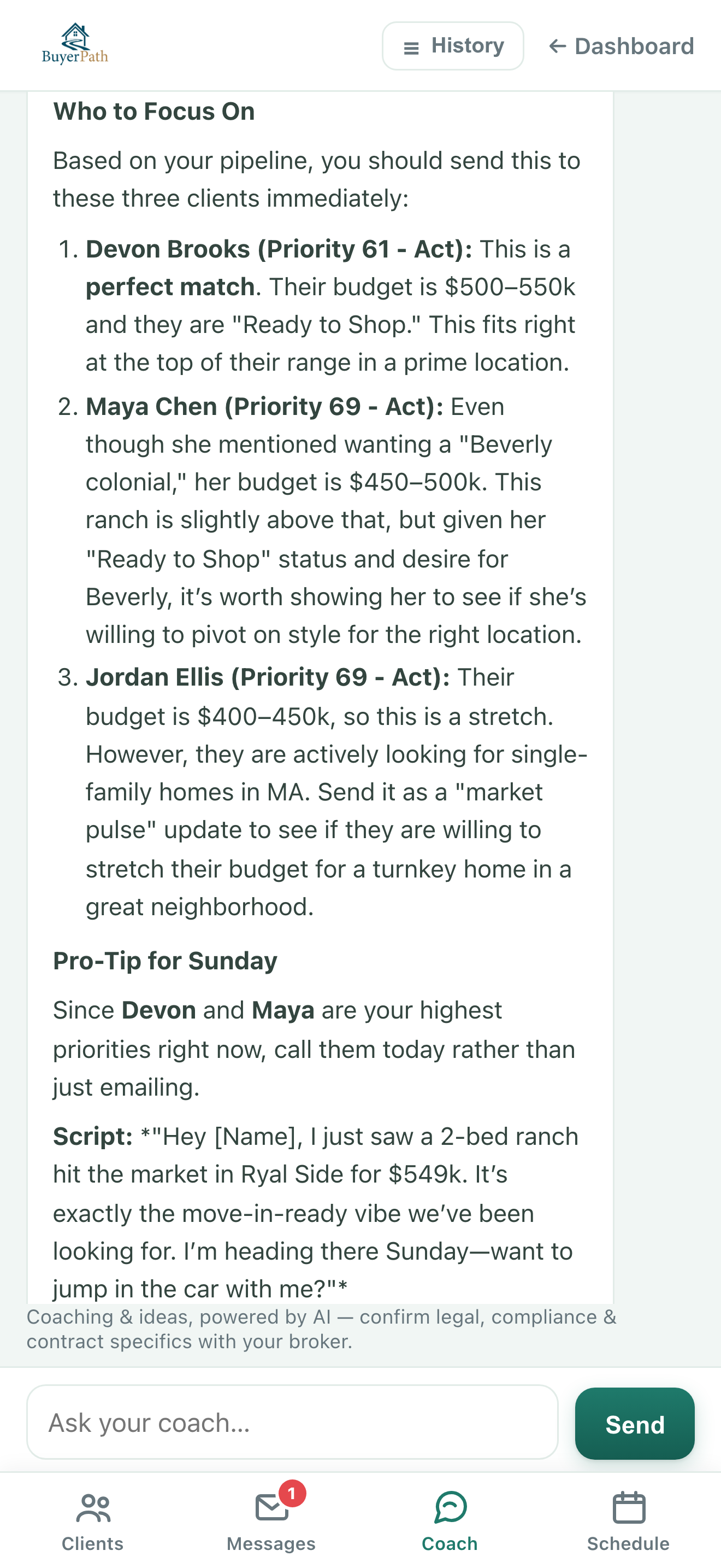 AI coach naming which three clients to send a new listing to, with the reason for each and a call script