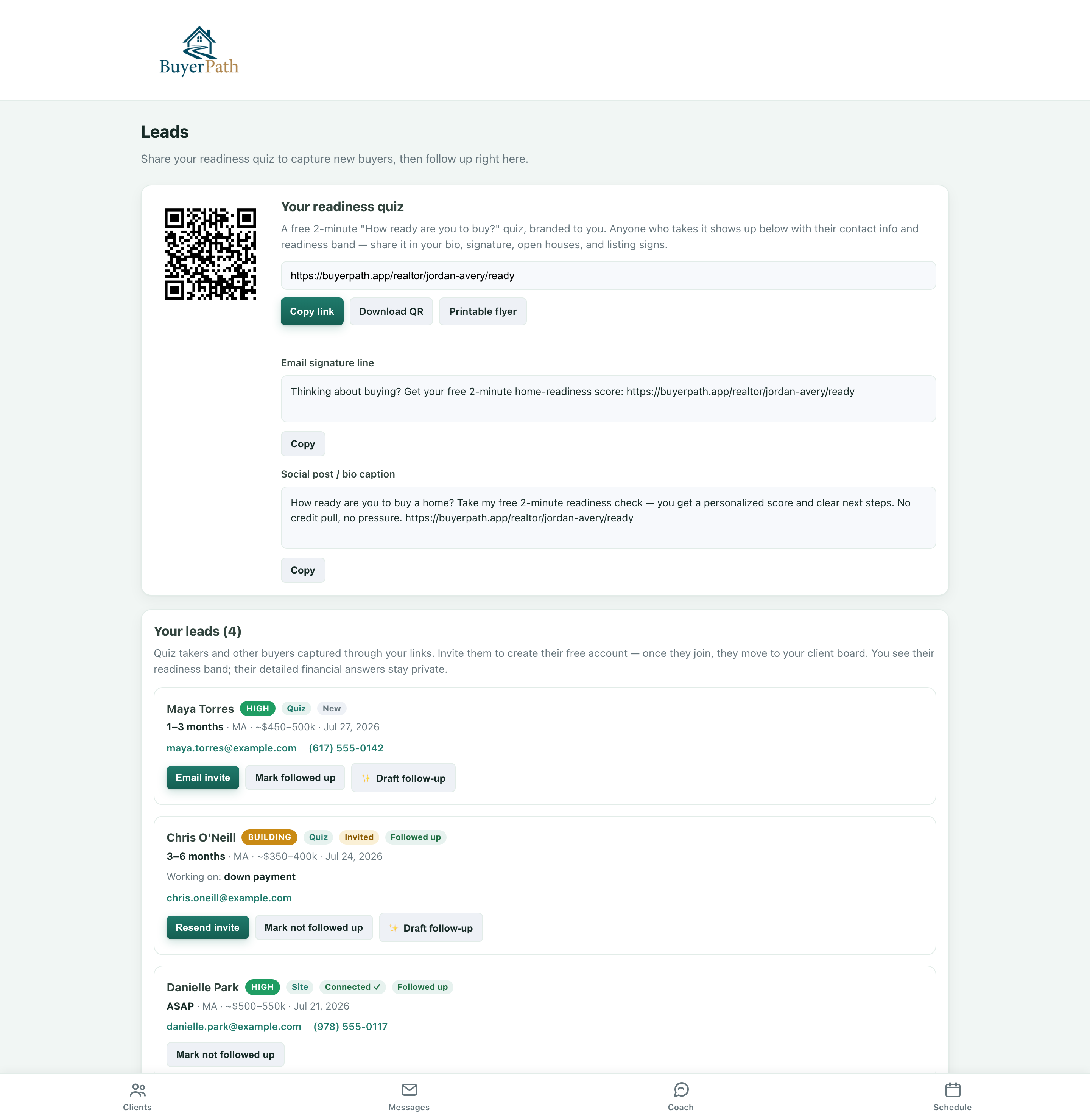 Leads page — a branded readiness-quiz link with QR code and printable flyer, above captured leads showing readiness bands, timelines, and one-tap invites