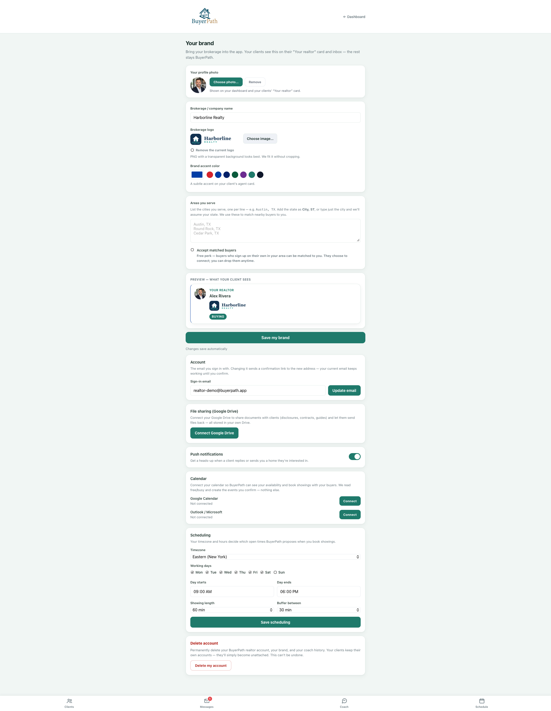 Your brand settings — profile photo, brokerage logo and accent color, service areas, calendar and Google Drive connections, and scheduling hours