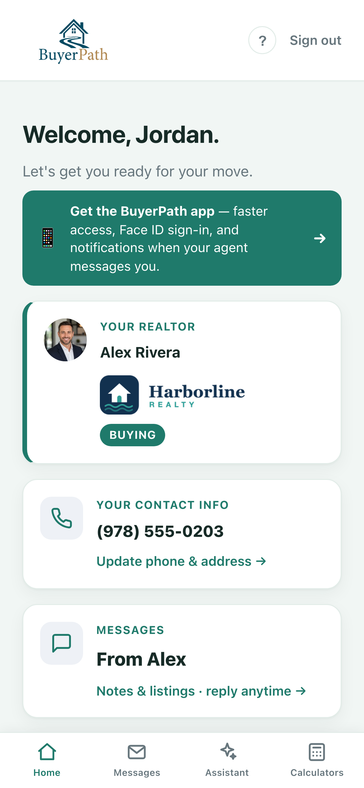 Buyer home screen branded to the agent, with messages, showings, readiness, rates, search, and programs