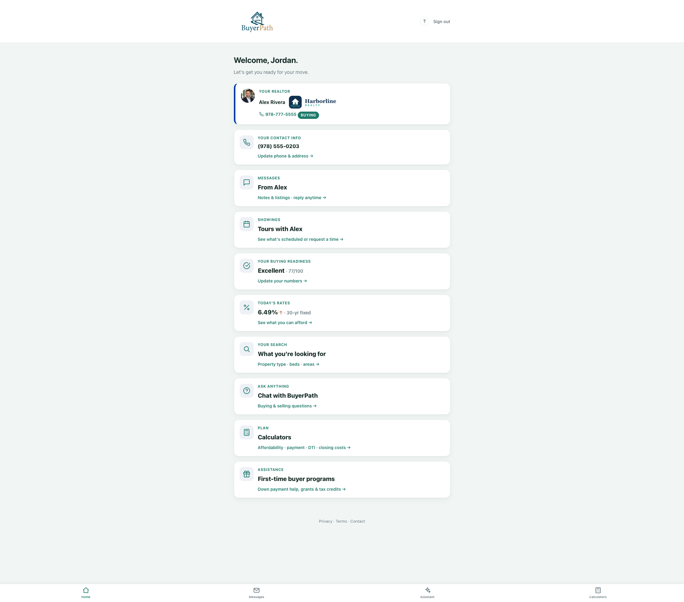 Buyer home screen branded to the agent, with messages, showings, readiness, rates, search, and programs